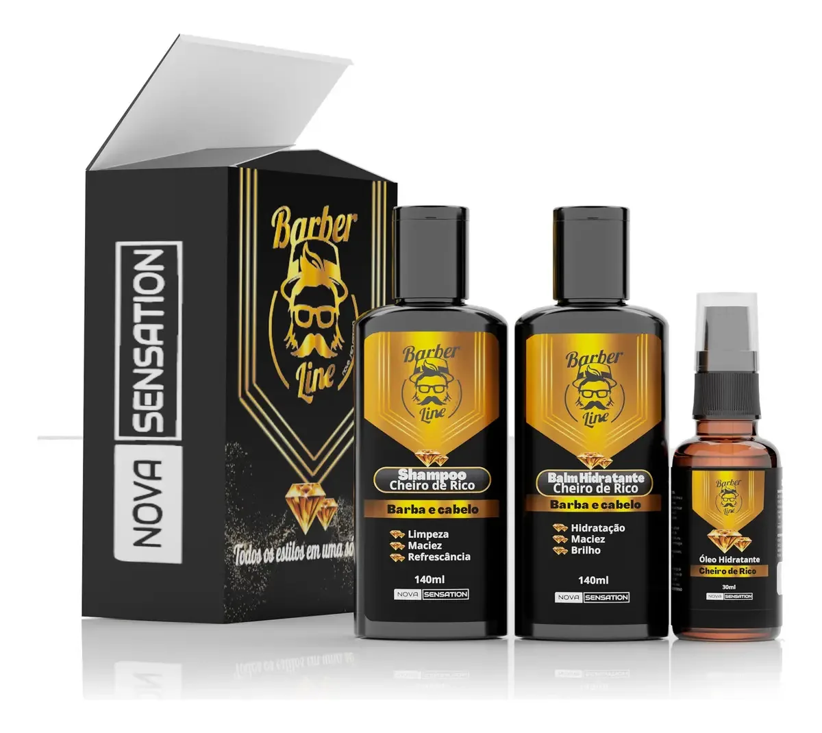 Kit Barba Completo 4 Peças Barber Line Balm, Shampoo e Óleo Amadeirado