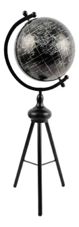 Globo Terrestre Decorativo Preto Tripé 52x16x16cm