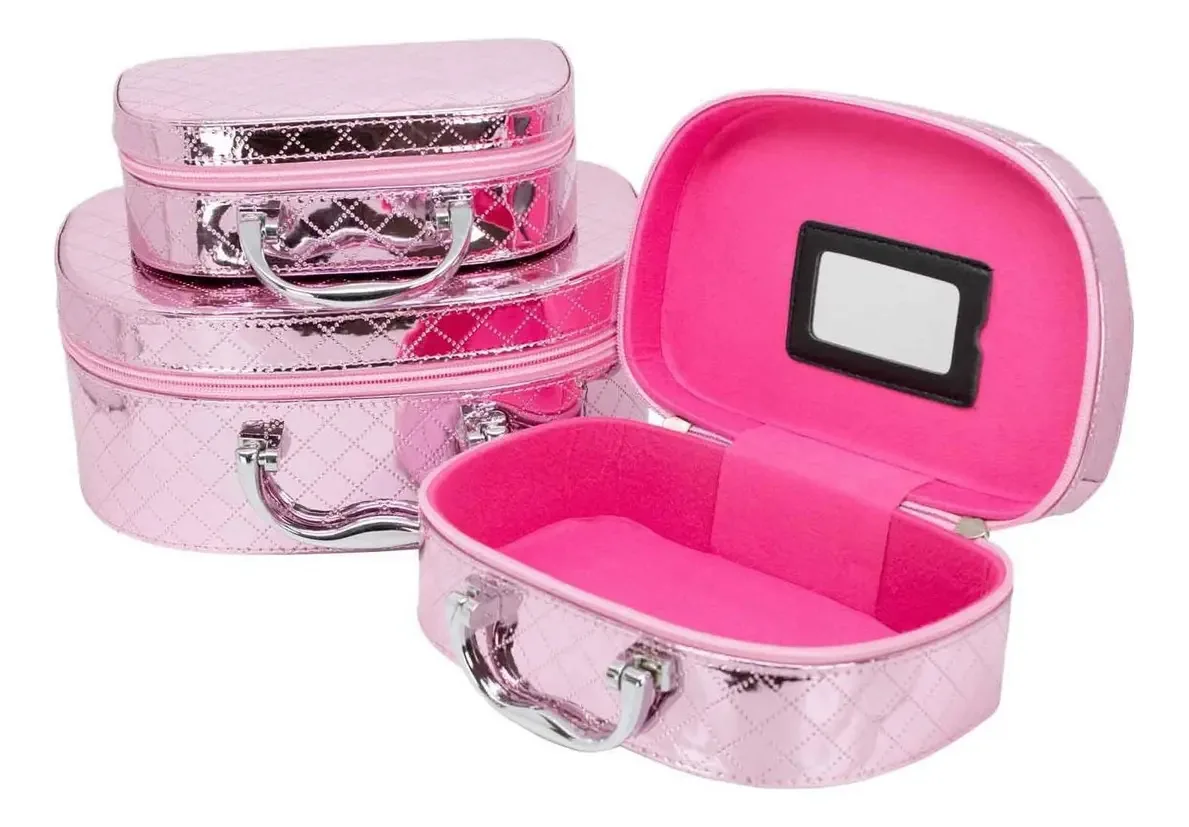 Conjunto 3 Maleta Para Cosmeticos E Biju Necessaire Rosa