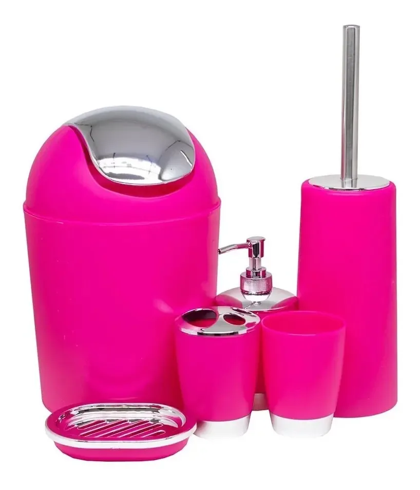 Kit 6 Peças Lavatório Limpeza Lixeira Banheiro Preto Branco Cor Rosa