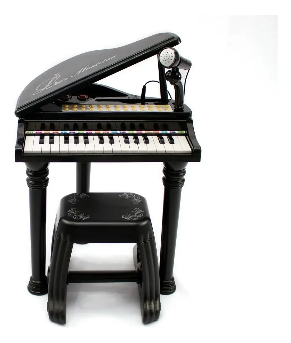 Piano Teclado Infantil Com Microfone E Banquinho Cor Preto Pilhas