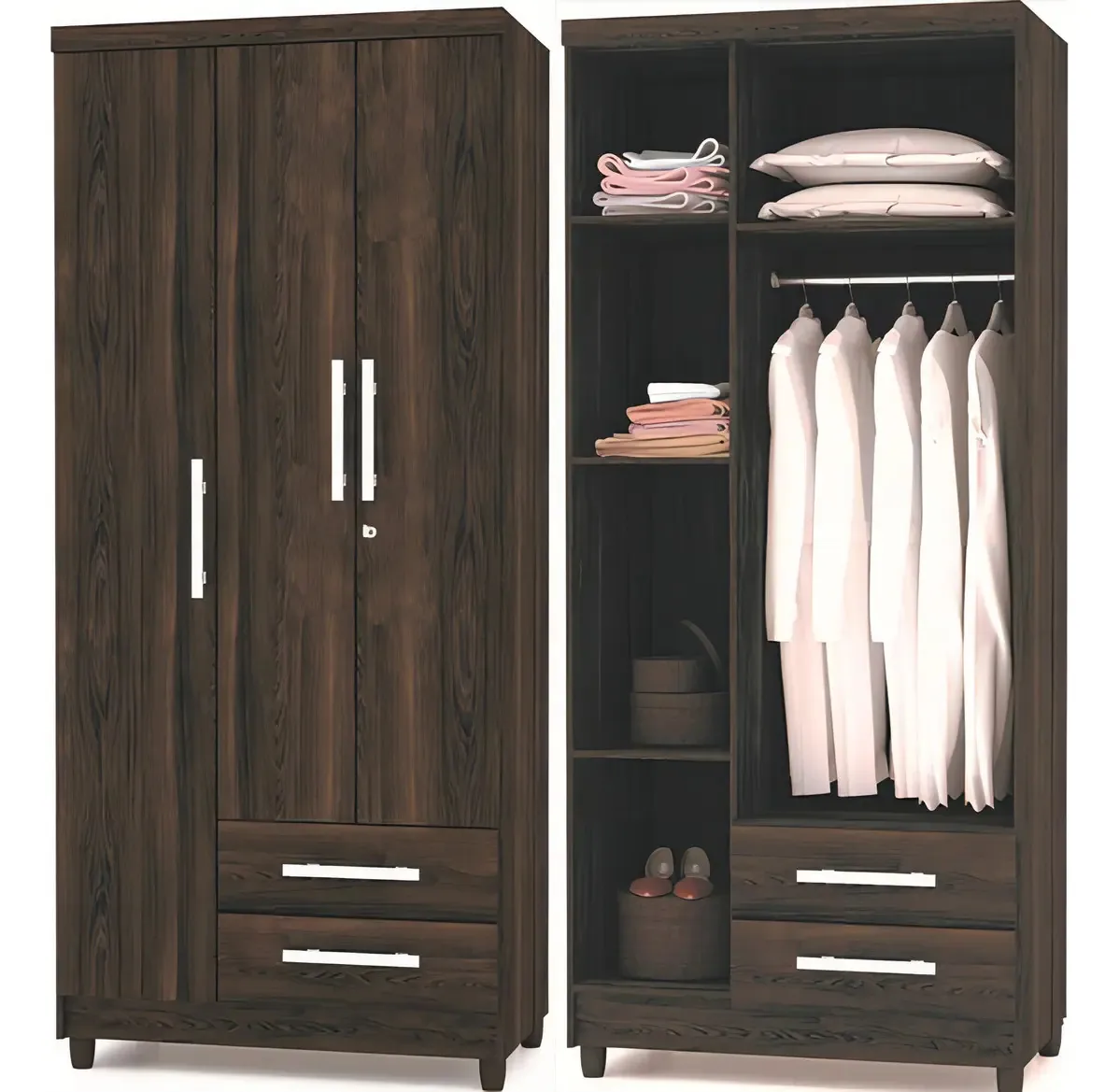 Armário, armário, 3 portas, 2 gavetas, prateleiras, fechadura 10014, cor: Belmont