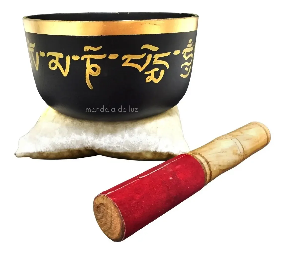 Sino Tigela Tibetana Preta E Dourada 15cm Almofada + Bastão
