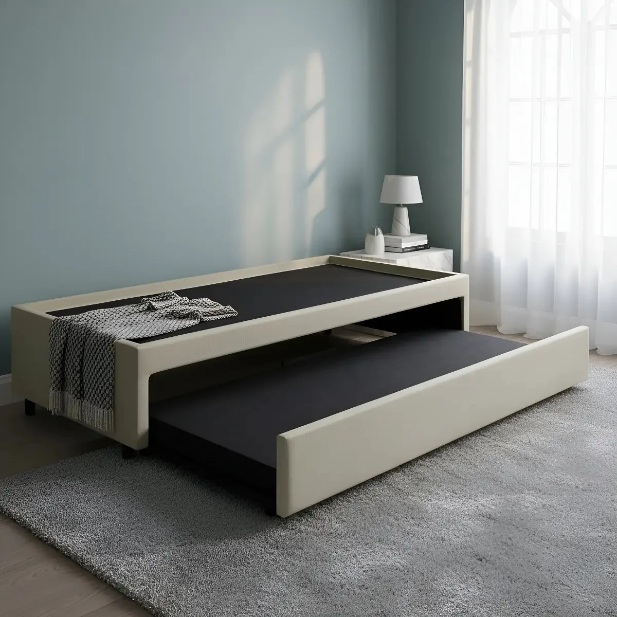 Bicama Box Para Dois Colchões Solteiro Linho Bege 88x188
