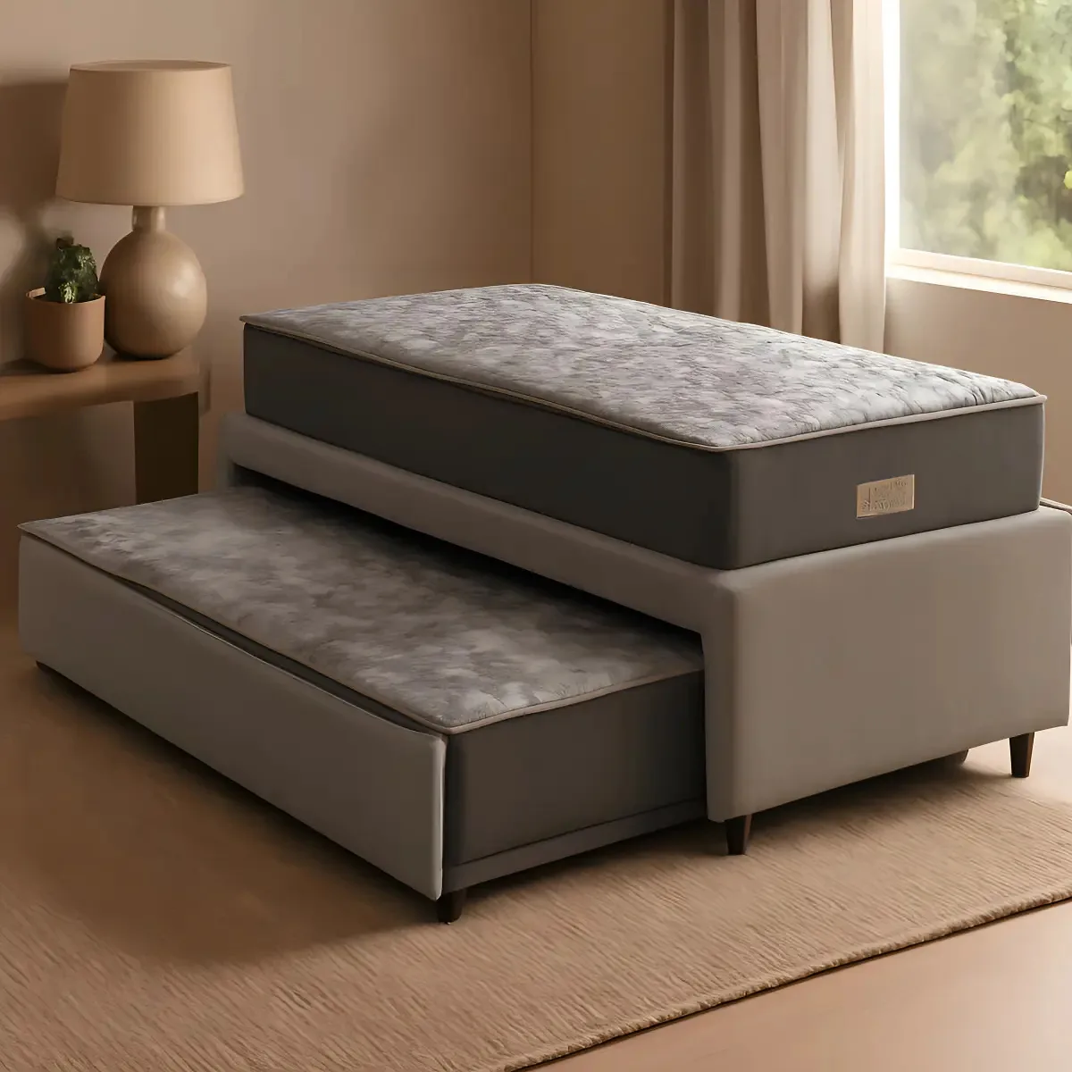 Bicama Box Solteiro 88x188 Com 2 Colchões Dual Firme Ecoflex Cor Cinza Tradicional