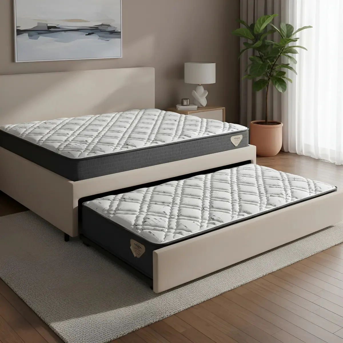 Bicama Box Solteirão Suede Bege 2 Colchões Adapto Ecoflex