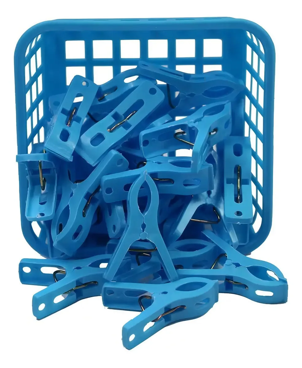 Kit Cesta Com 24 Pregadores De Roupas Azul
