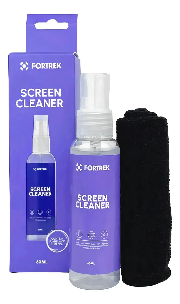 Limpa Telas Líquido 60ml com Pano de Microfibra Fortrek para Celular e TV