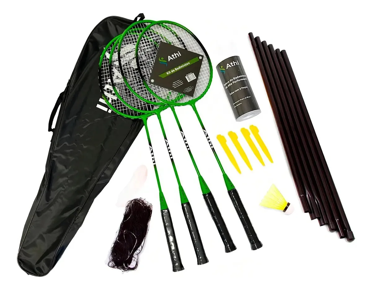 Kit Badminton Rede Portátil + 4 Raquetes + 3 Petecas - Athi Cor Preto