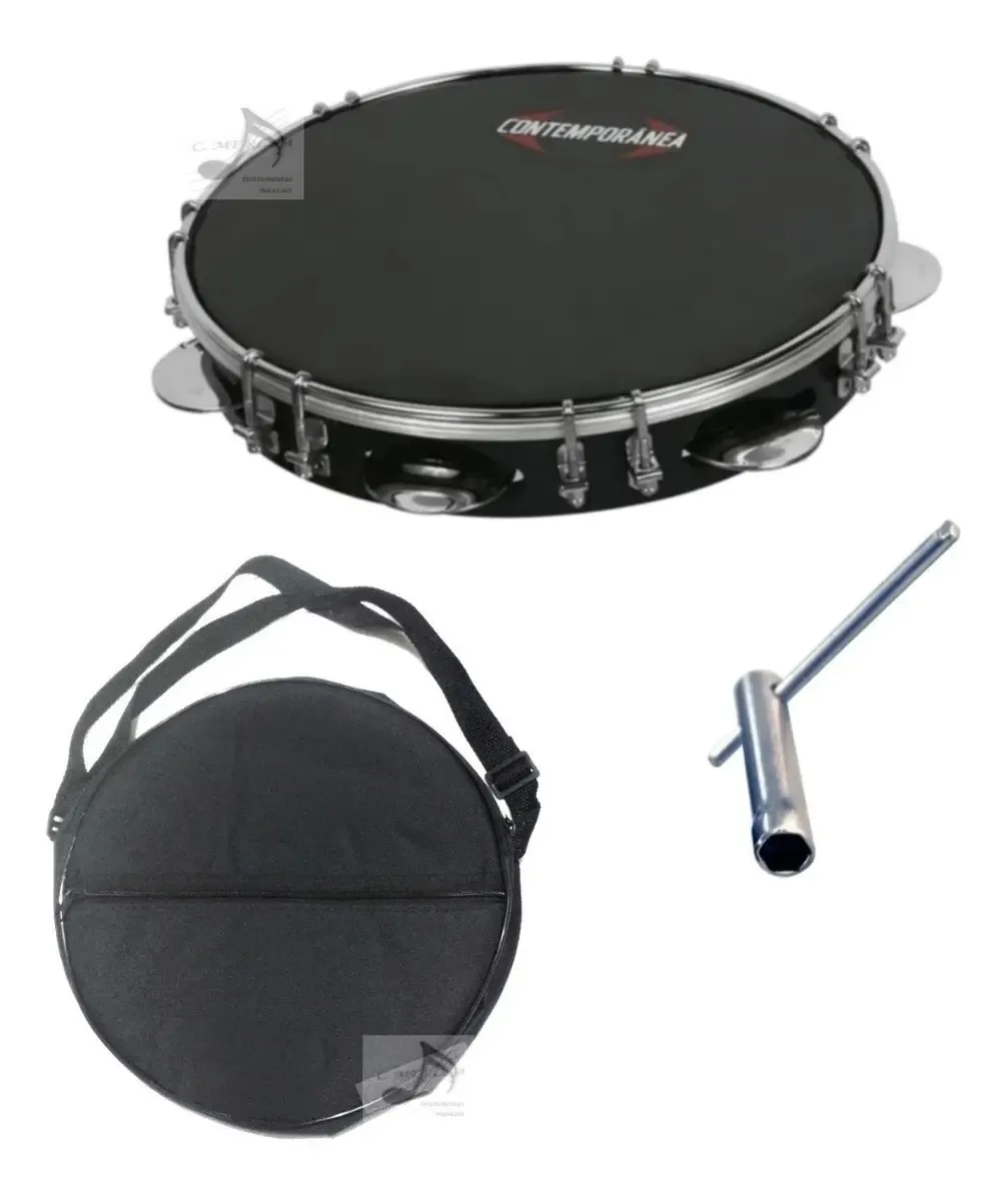 Pandeiro 10 Prof Tarraxa Dupla + Case Simples Contemporânea Preto