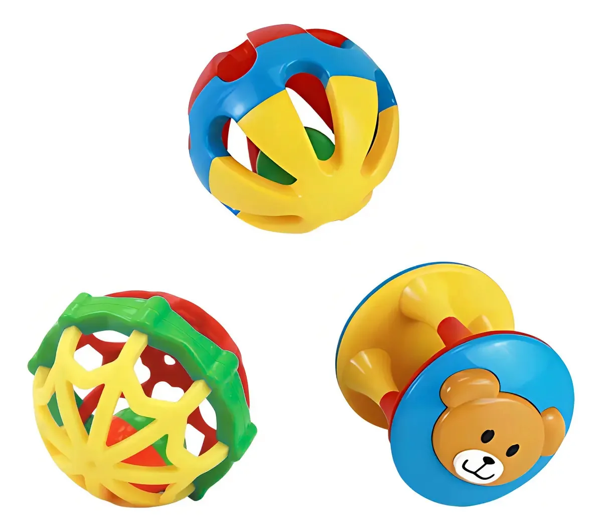 Kit 3 Chocalhos Dutoys Com Mordedor Para Bebê 6-12 Meses Bolinha/Torre Sortidas