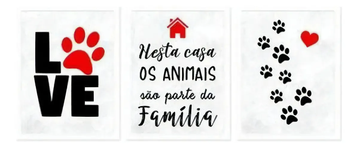 Kit 3 Quadros Decorativos Love Patinhas