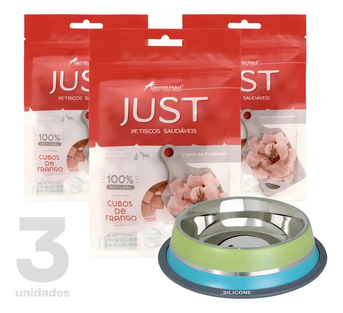 Kit 3 Petiscos Saudáveis Just 55g Comedouro 250ml Germanhart