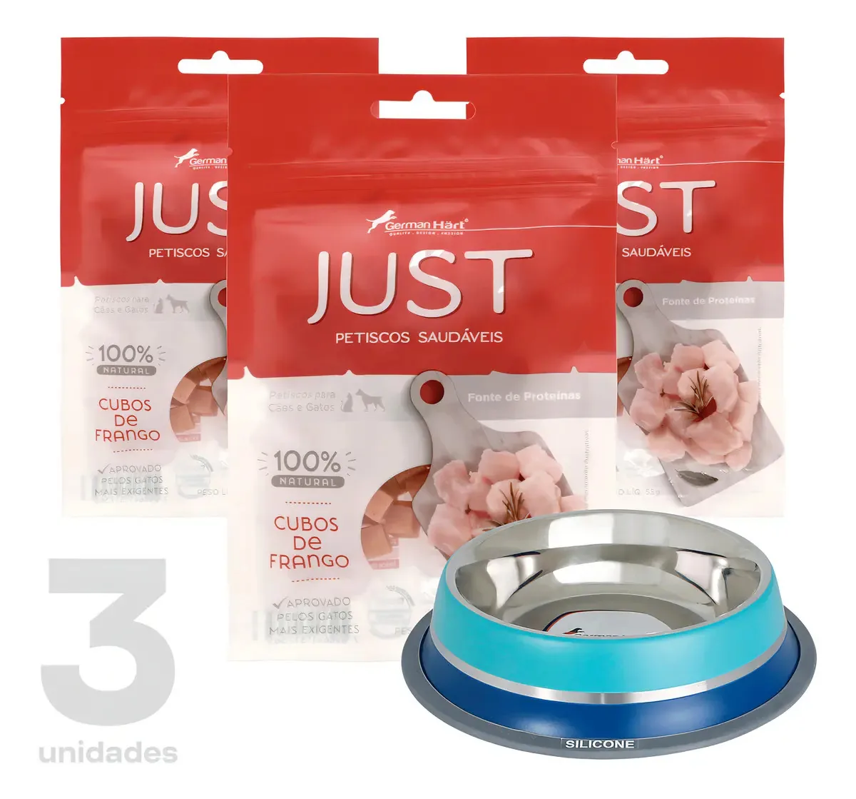 Kit 3 Petiscos Saudáveis Just 55g Comedouro 250ml Germanhart