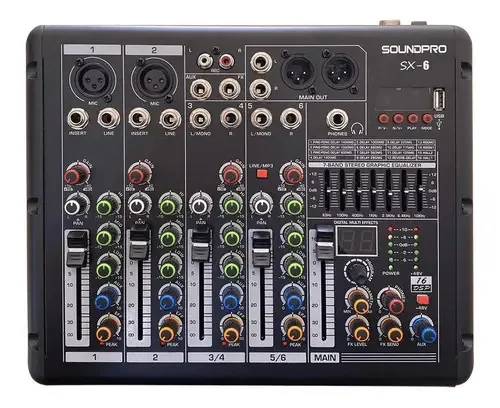 Mesa de Som Analógica Soundpro SX6 6 Canais USB Phantom Power