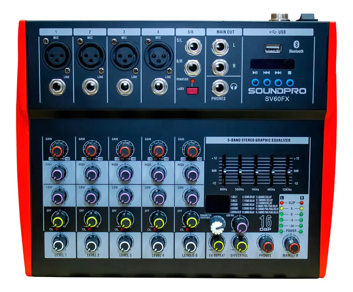 Mesa De Som Soudpro 6 Canais Sv60fx C/ Bluetooth & Efeito
