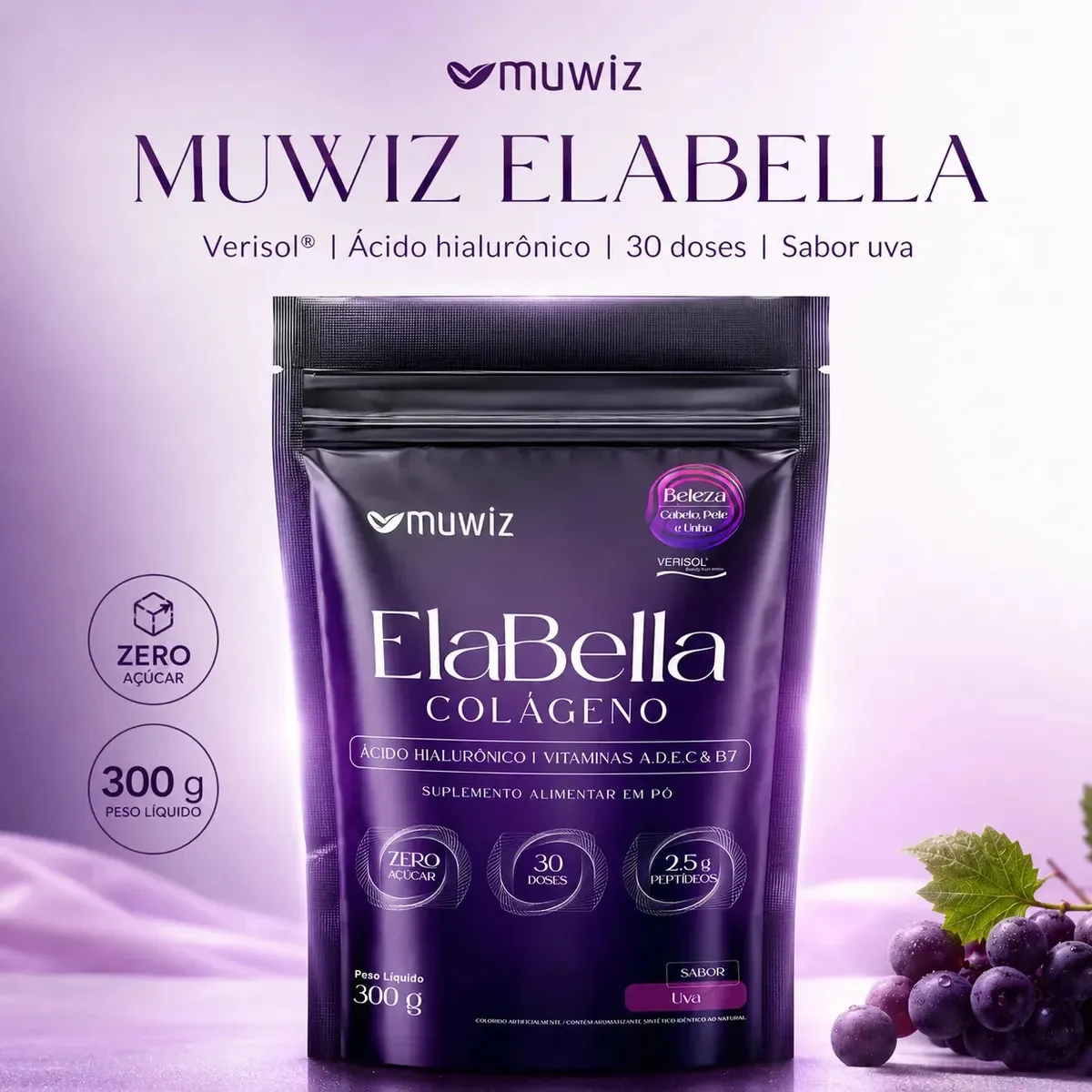 Colágeno Muwiz ElaBella Verisol 300g Uva com Ácido Hialurônico, Vitaminas A, C, D, E e B7, 30 Doses, Zero Açúcar e 2,5g de Peptídeos Bioativos