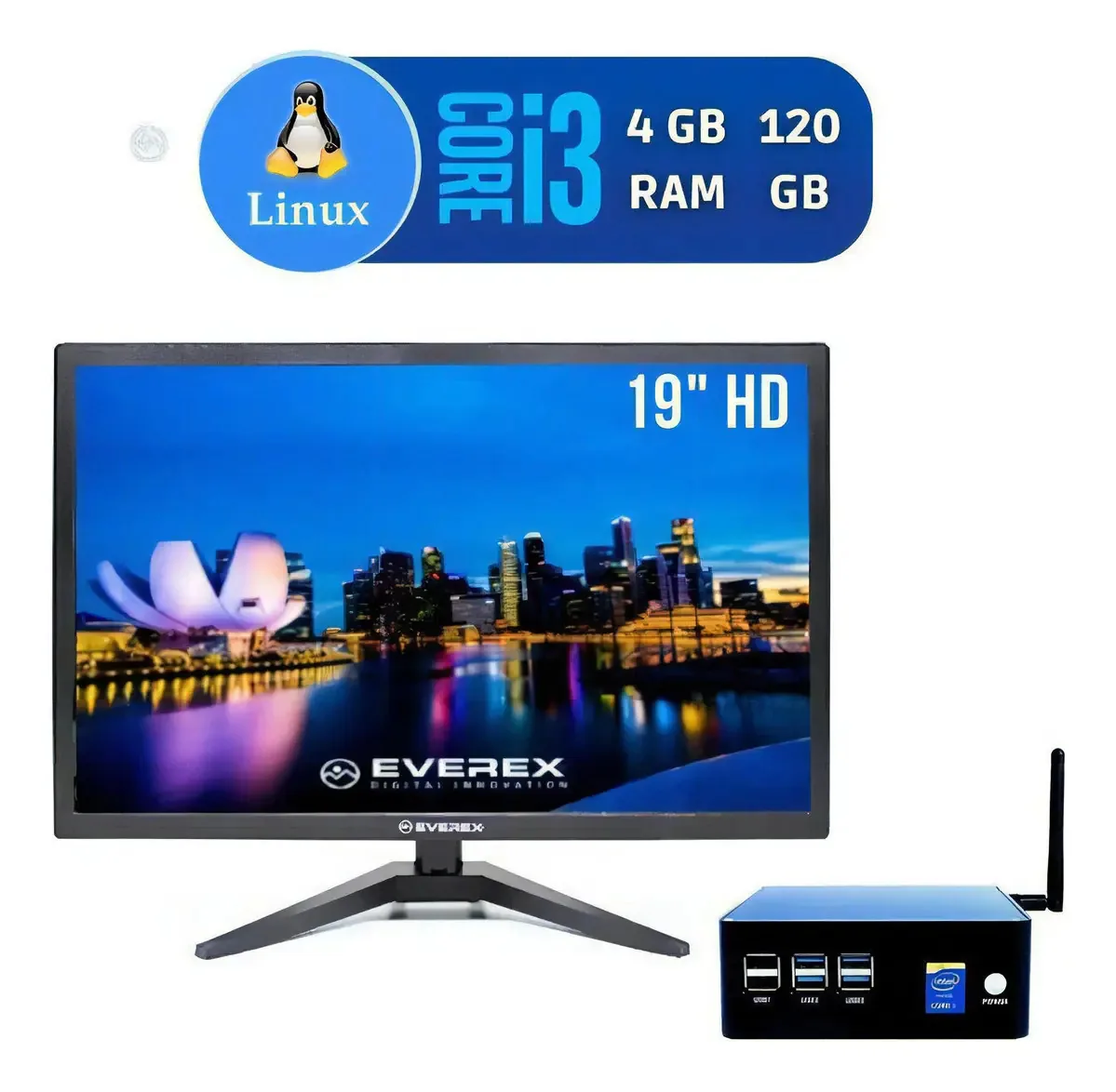 Mini Pc Core I3, 4gb, 120gb Ssd E Linux + Monitor 19