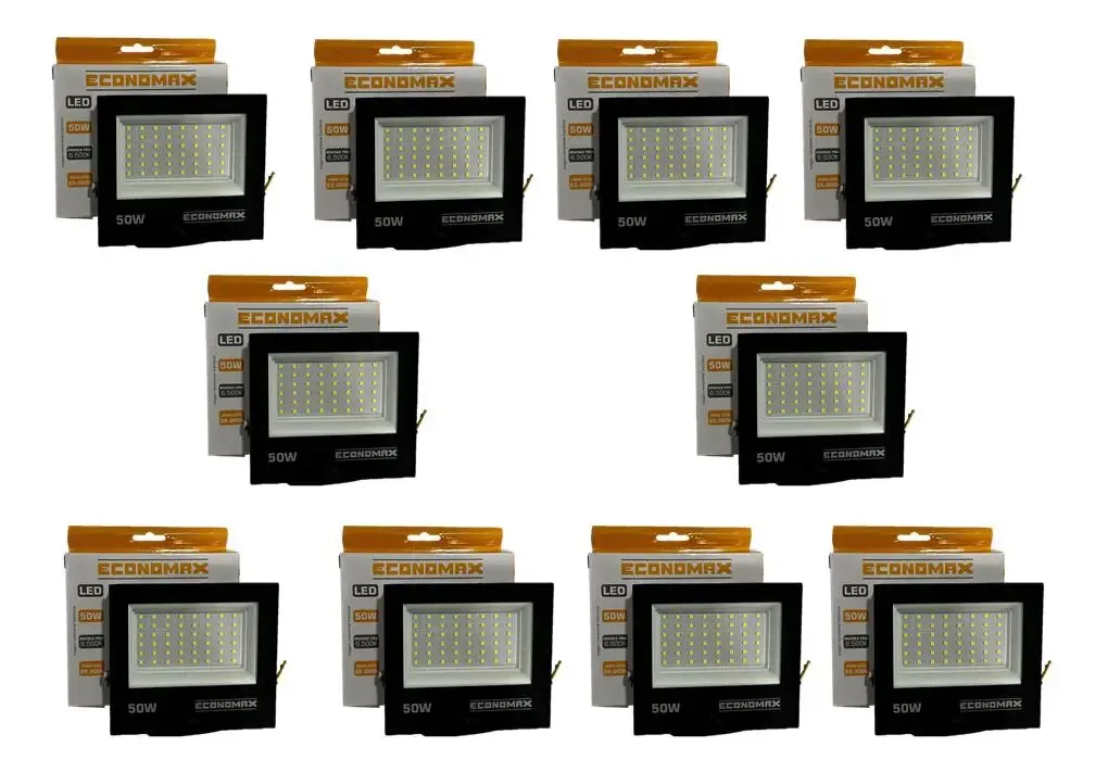Kit 10 Refletores LED 50W 6500K Branco Frio Economax Alumínio IP65