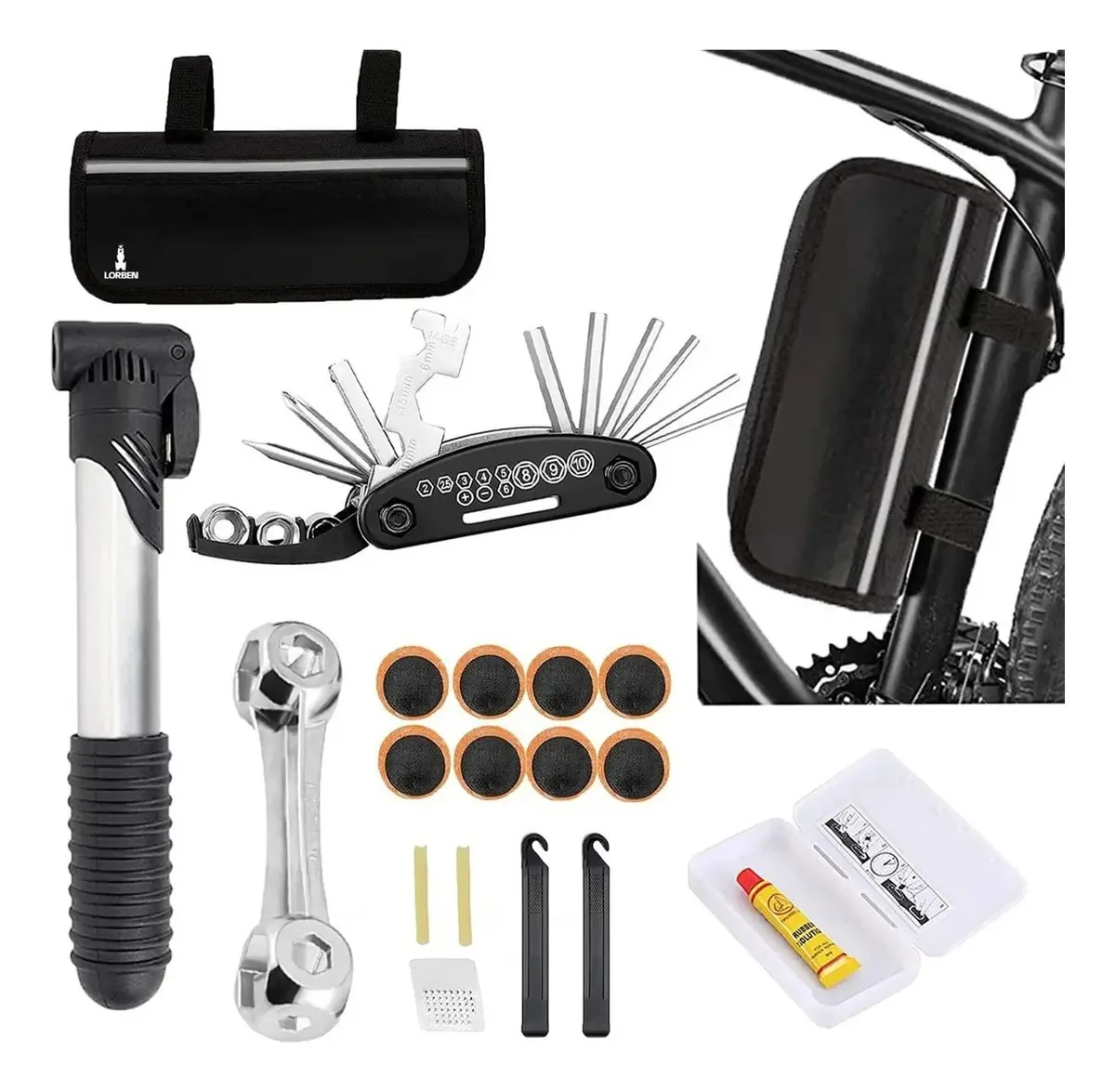 Kit de Ferramentas para Bicicletas com Bomba de Ar, Chaves, Reparo de Pneus e Estojo Portátil - Marca Lorben