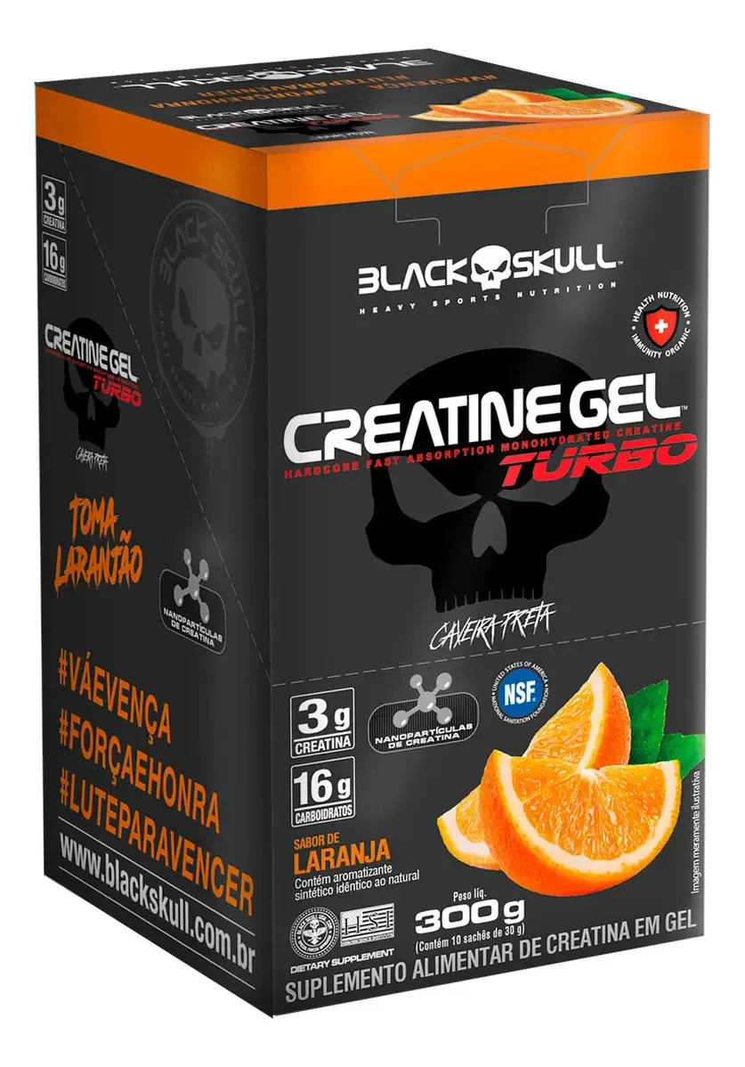 Creatina Laranja Caveira Preta Black Skull Creatine Turbo Gel Caixa 300g 10 Sachês