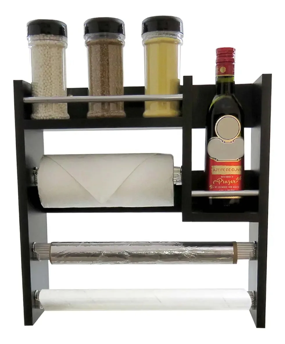 Porta Temperos Cozinha De Parede Com Suportes Mdf Preto