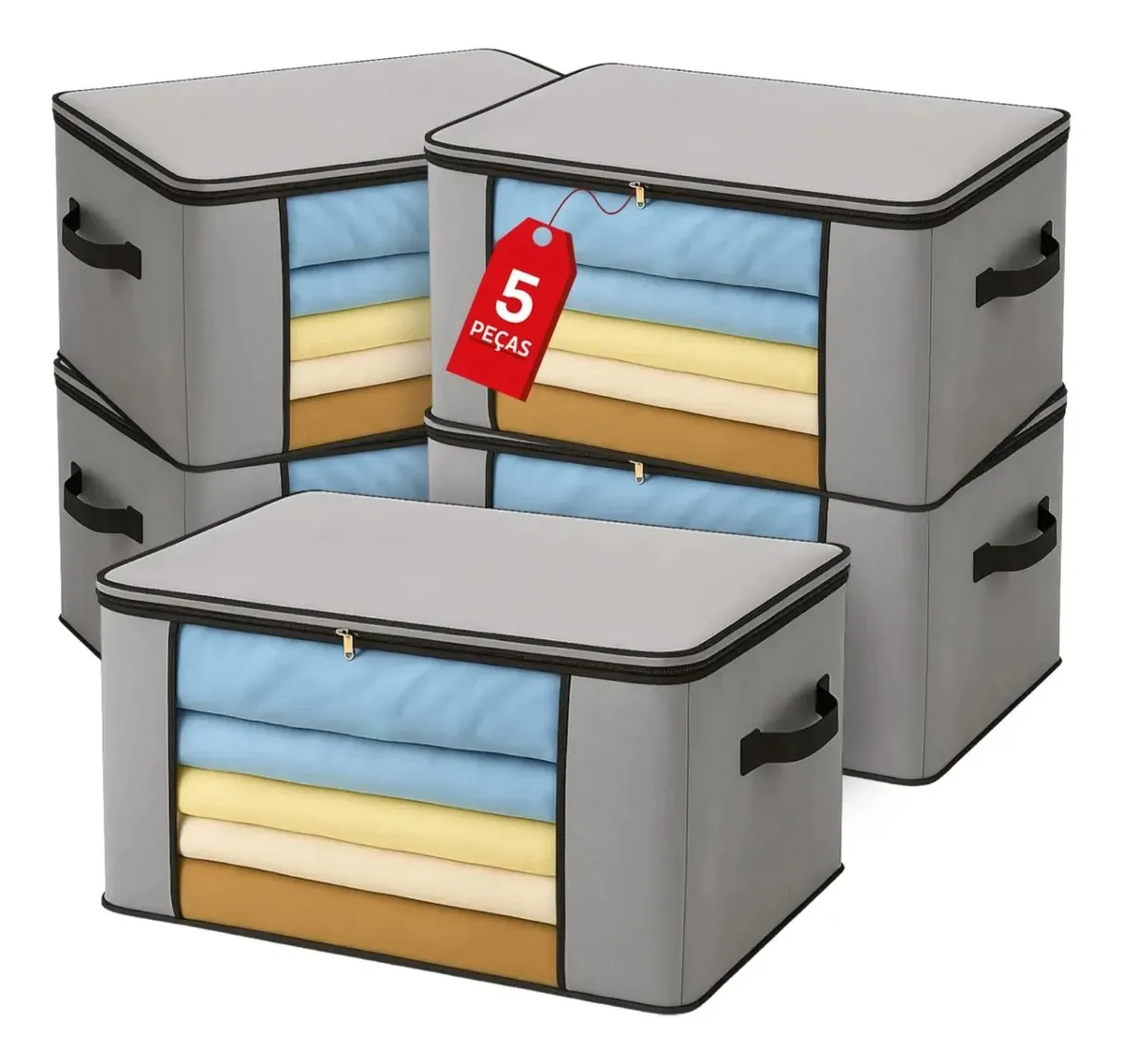 Kit 5 Organizadores Bolsa Multiuso Roupa Edredom Coberta Cinza