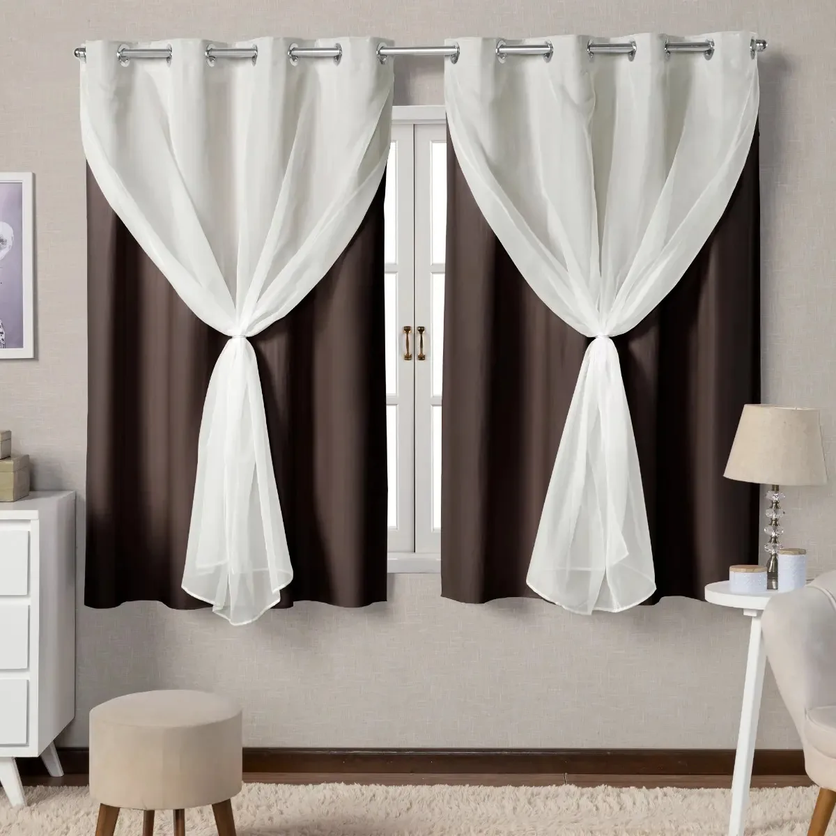Cortina Blackout / Blecaute Para Cozinha/ 2,20x1,40 Com Voil Cor Cortina Marrom