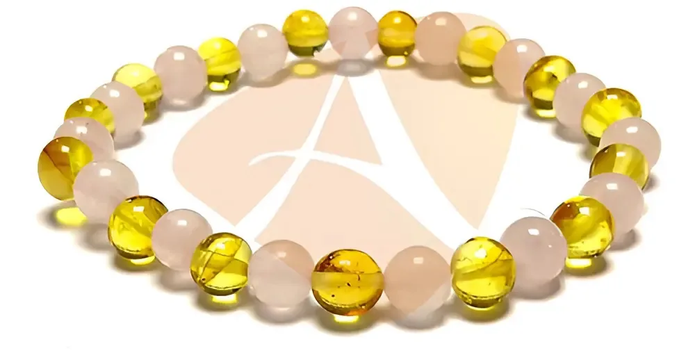 Pulseira Âmbar Báltico Barroco Limão Quartzo Rosa Adulto