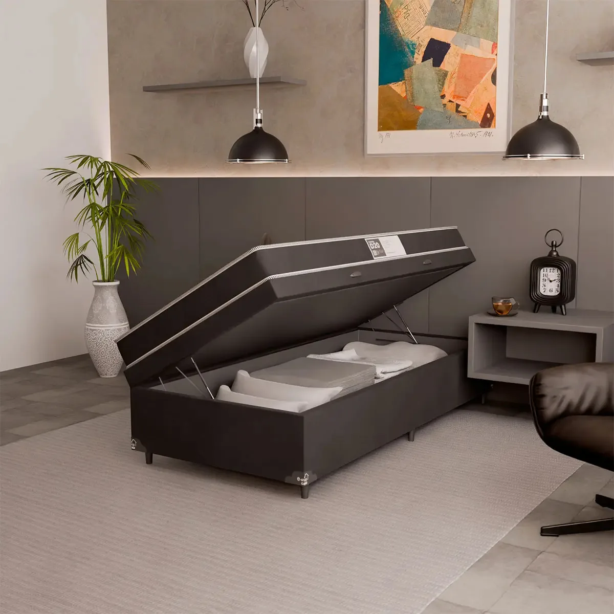 Cama Box Baú Solteiro + Colchão D20- Suede Preto 56x88x188cm