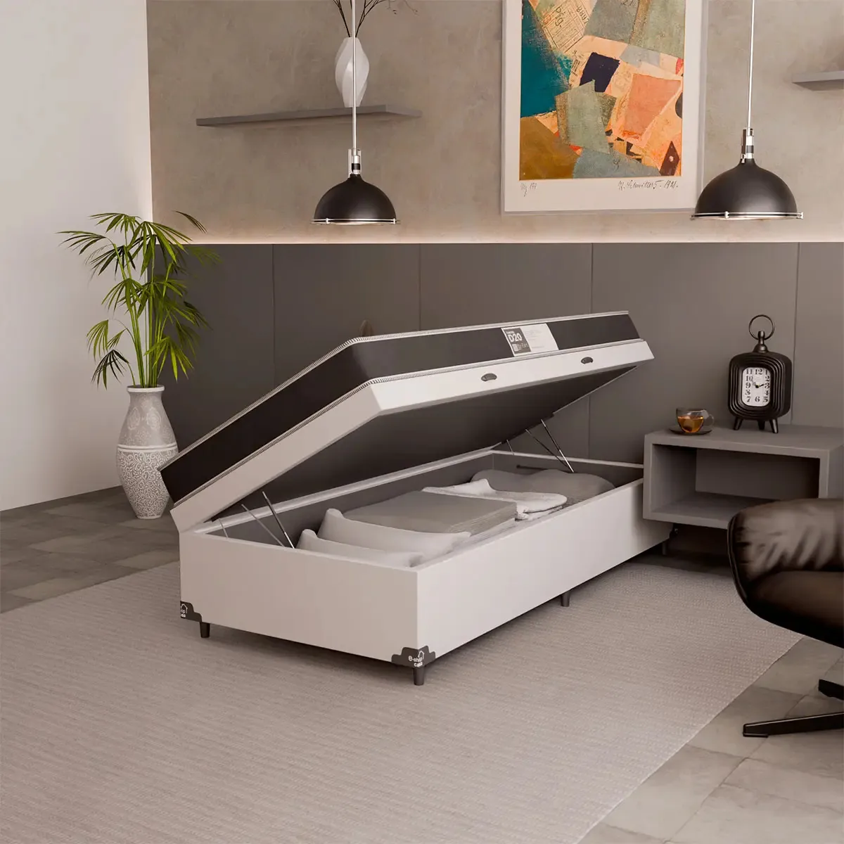 Cama Box Baú Solteiro+ Colchão D20- Couro Branco 56x88x188cm
