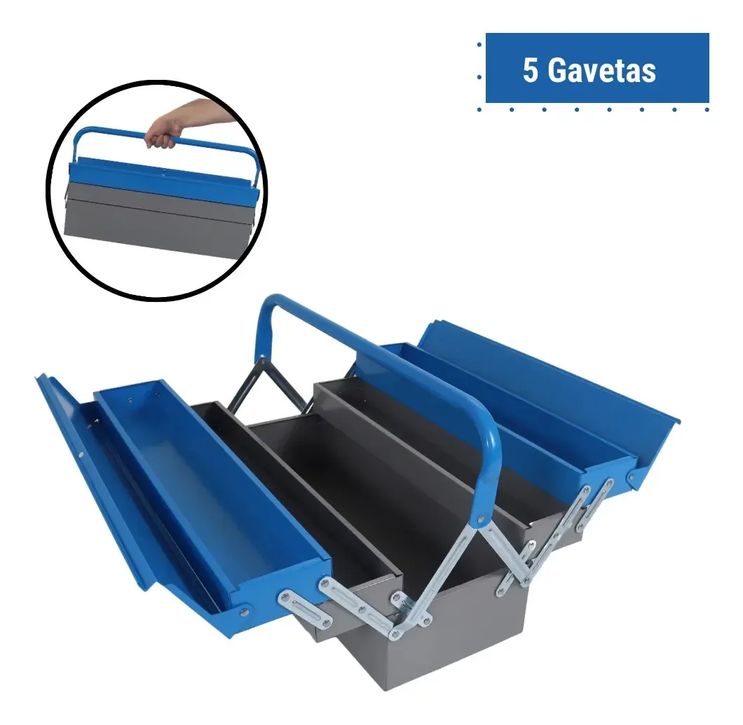 Caixa Maleta Sanfonada Para Ferramentas Com 05 Gavetas Azul