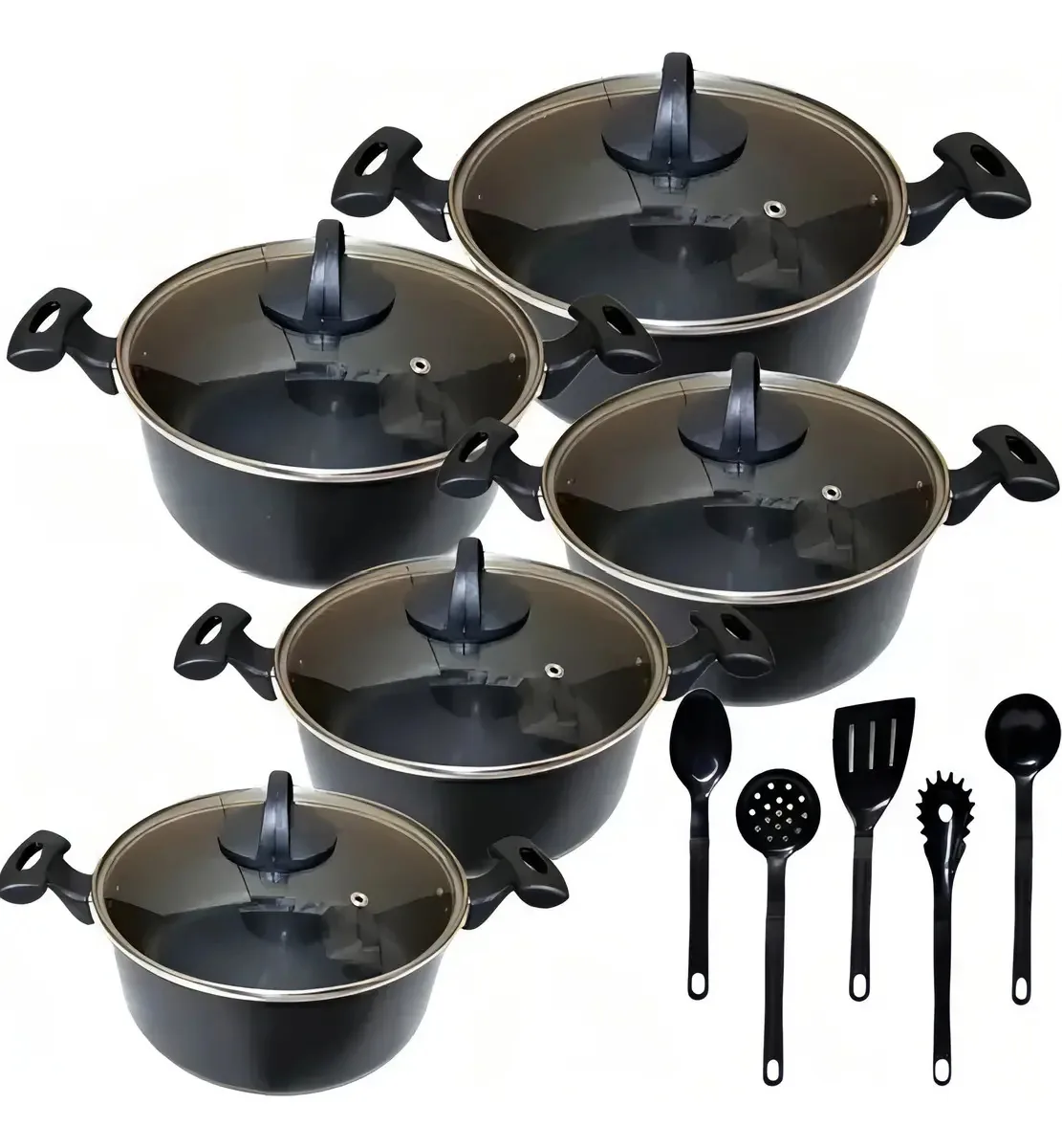 Jogo De Panelas 5 Peças Antiaderente + 5 Espatulas - Preto