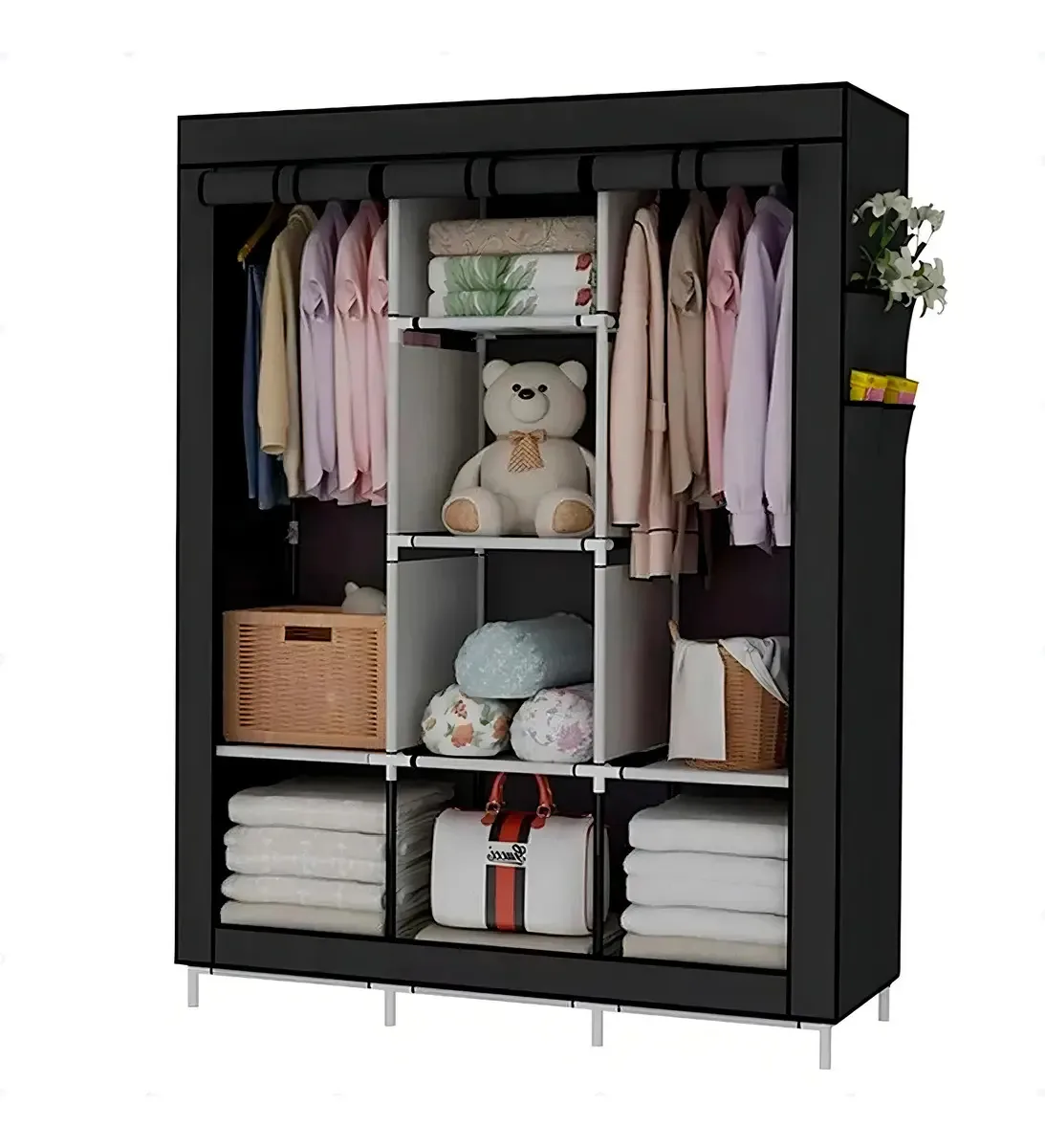 Guarda-Roupa Dobrável c/ Cabideiro e 9 Divisões para Organizar Roupa Preto