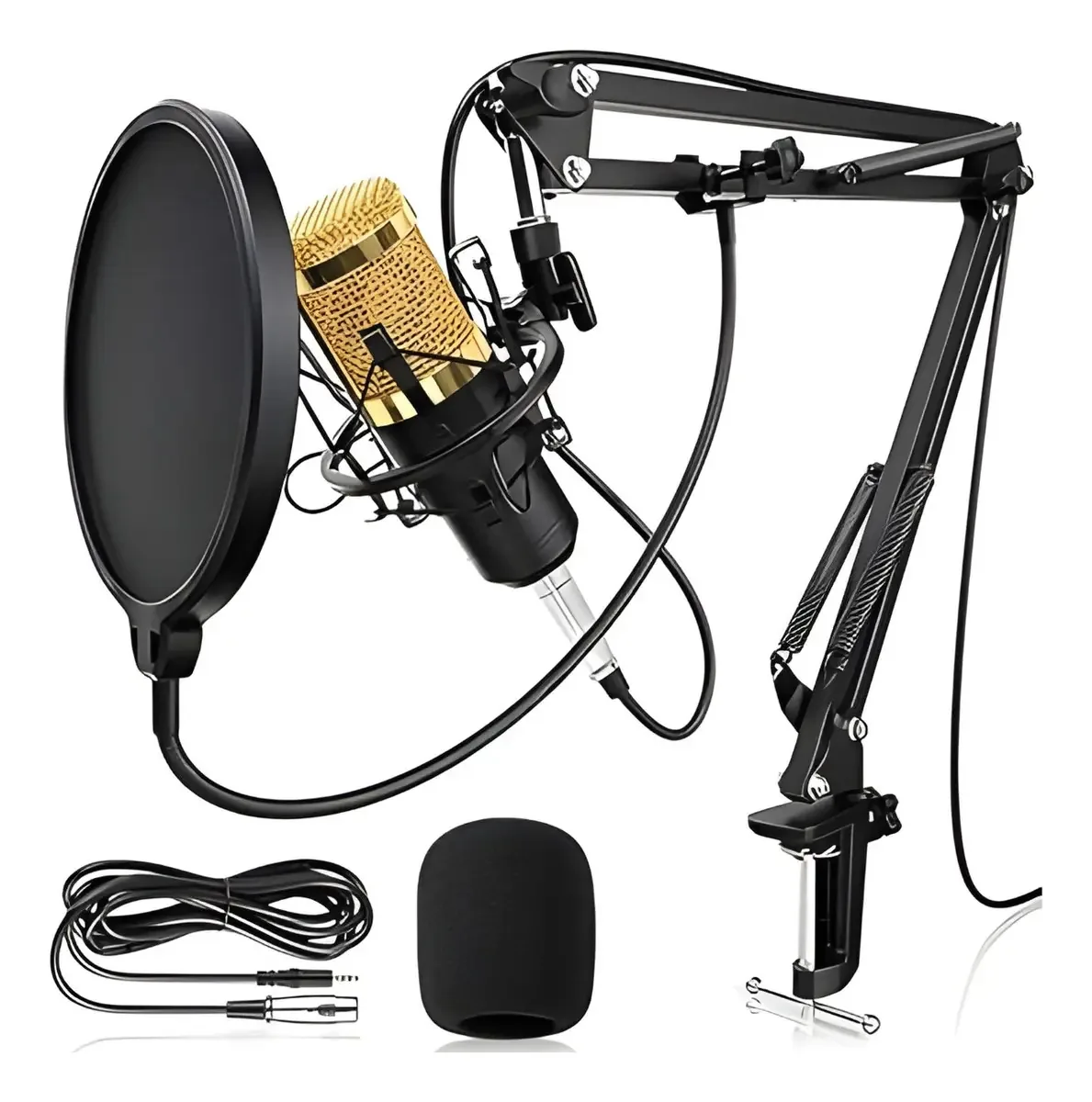 Kit Premium Microfone Condensador E Suporte Onisteck Bm800 Dourado