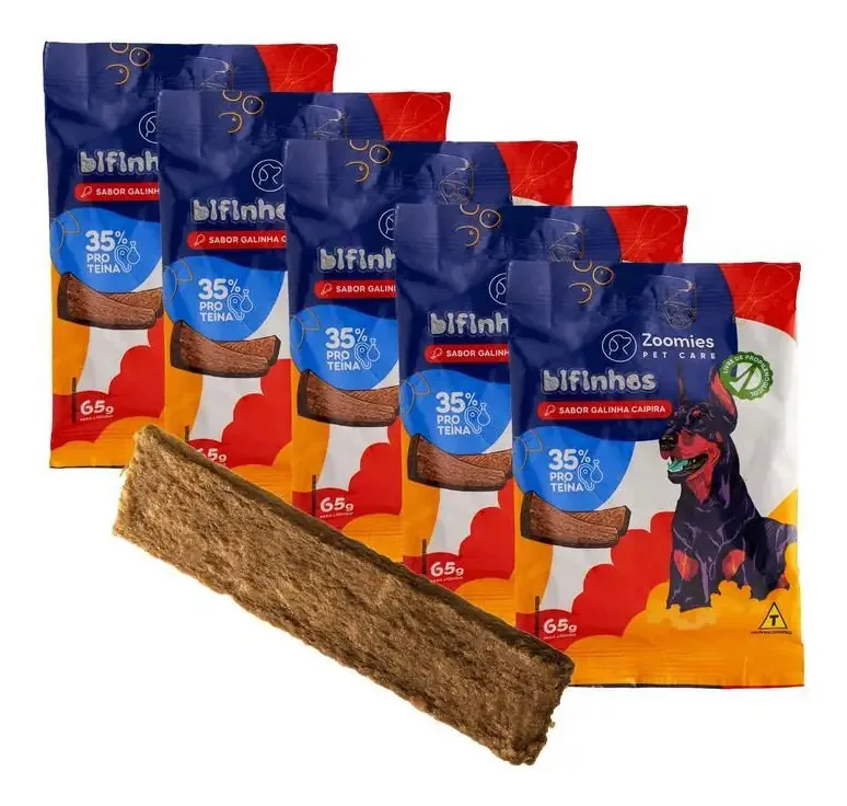 Kit Petiscos Cães Bifinho Sabor Galinha Caipira 65g 5 Pct Cx