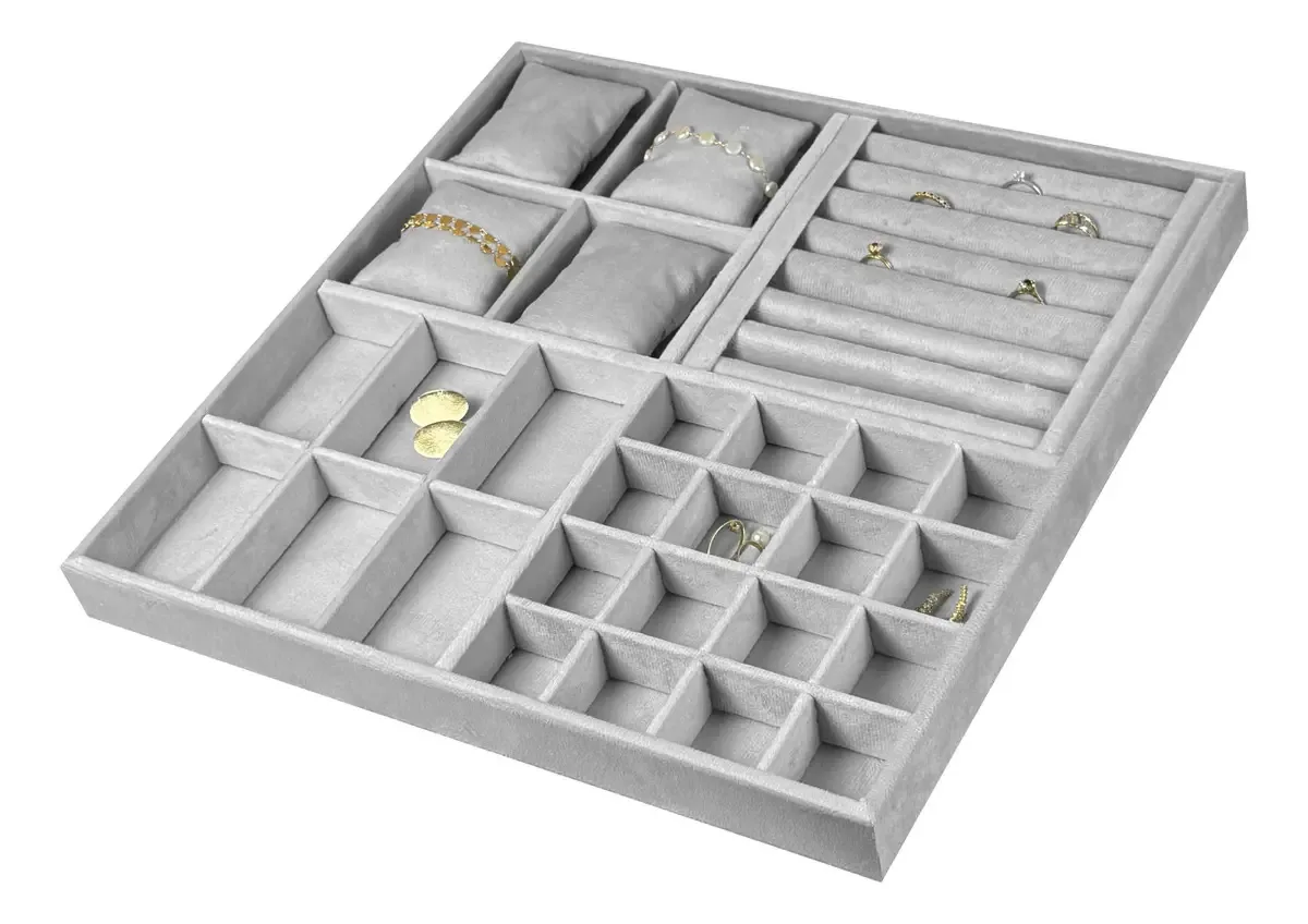 Bandeja Organizador Porta Joias Bijuteria 40x40cm Mdf Veludo Cor Cinza / Joias