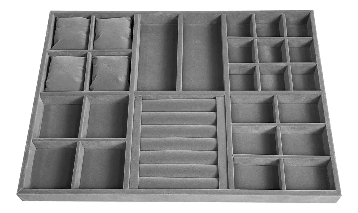Bandeja Porta Joias Bijuterias Colar Gaveta Closet Veludo Cor 48 X 34.5cm / Cinza Joias