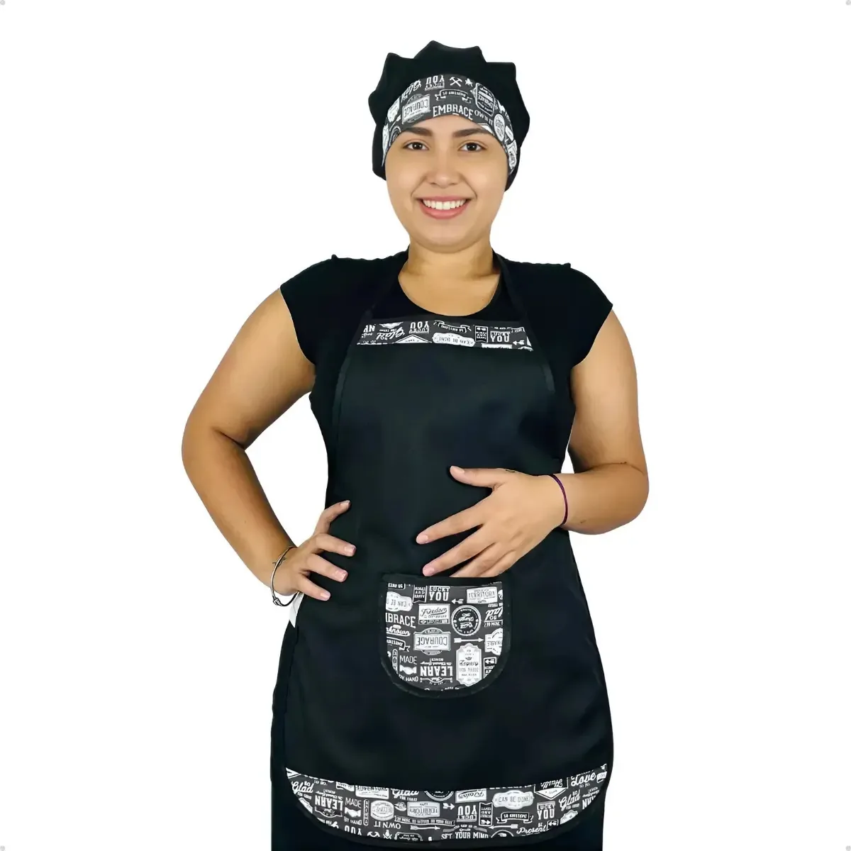 Avental De Oxford + Touca De Cozinha Uniforme Padaria Cor Preto