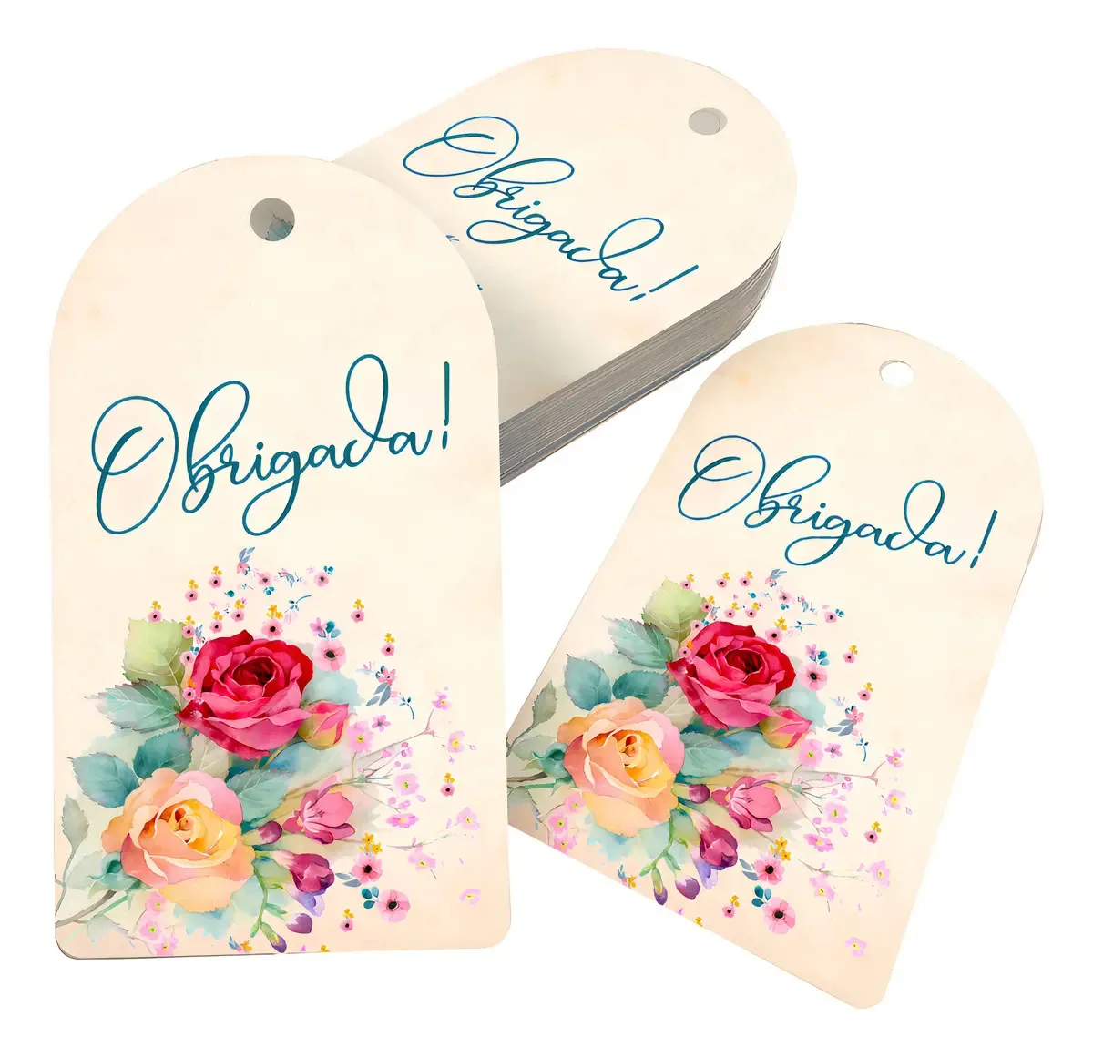 100 Tags Obrigada Floral Colorida 5x9cm Etiqueta Com Furo Palha Florido