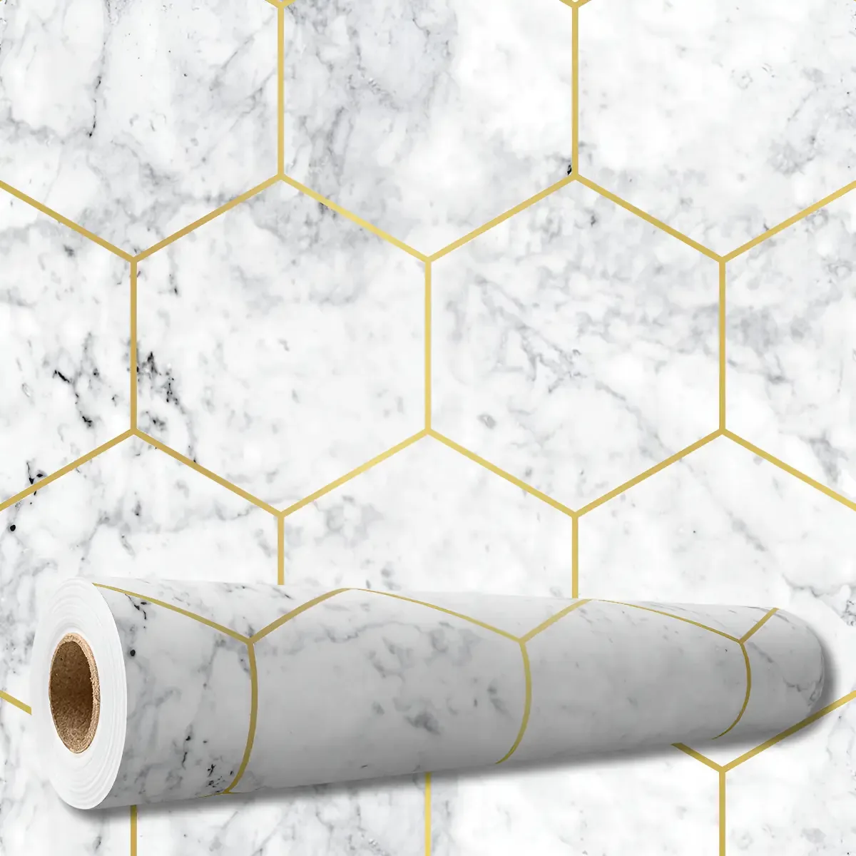 Adesivo Decorativo 5 mt Papel Parede Mármore Carrara Geométrico Dourado Cozinha Box Banheiro Lavável