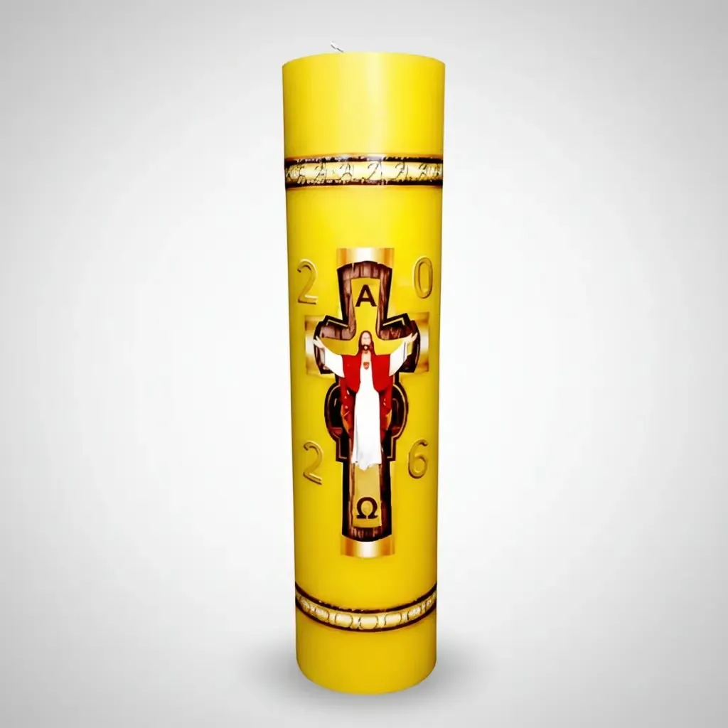 Círio Pascal Jesus Crucificado Parafina 30x7cm Adesivado Amarelo Círio Jesus Amarelo