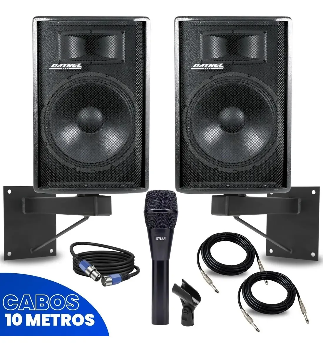 Kit 2 Caixas Som 600w Ativa Passiva 15 Acustica Amplificada Bluetooth Usb Aux + Microfone Dylan C/ Fio Cardiode + Suporte De Parede + Cabos Audio Pa Profissional