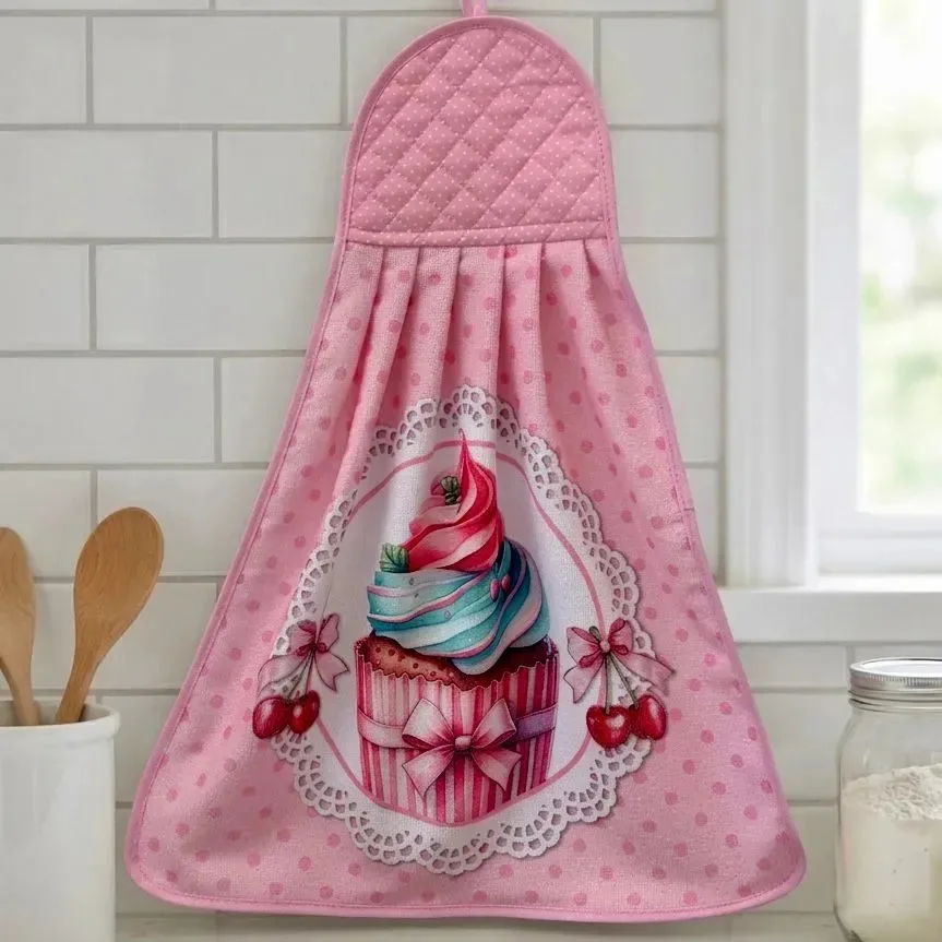 Bate Mão Atoalhado Para Cozinha de Algodão Estampa Cupcake