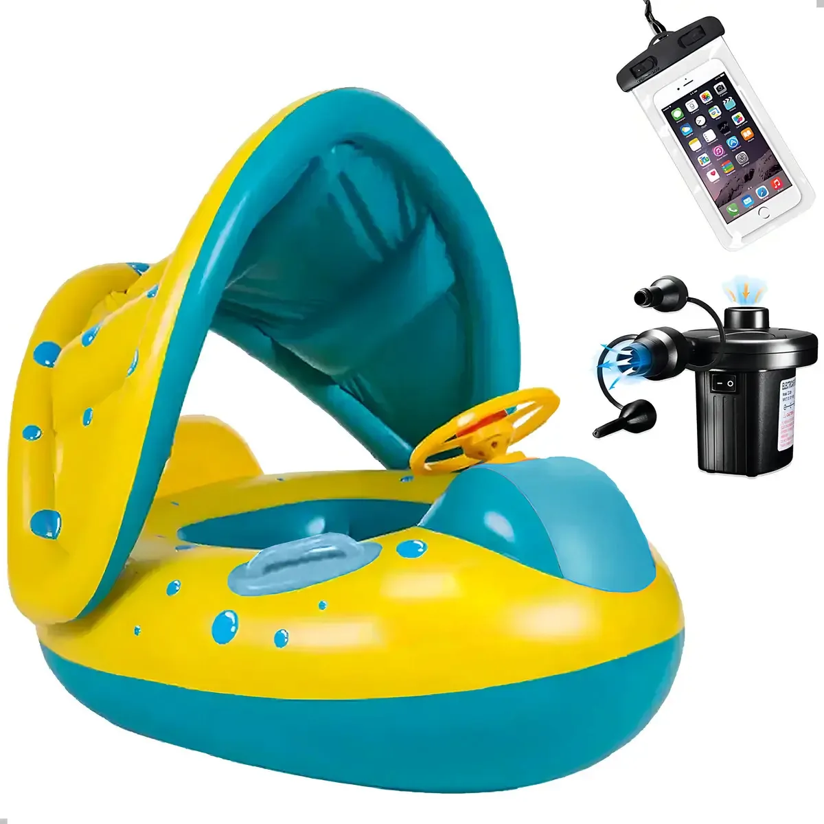 Kit Boia Inflável Criança + Bomba Elétrica Capinha Celular Cor Azul