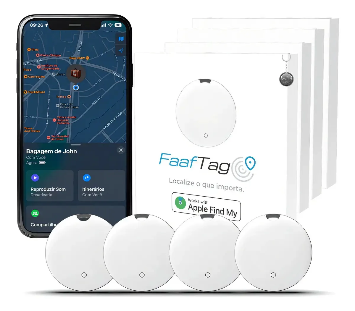 Pack 4 Localizadores Faaftech FT-TAG com Bluetooth e App Find My para iPhone