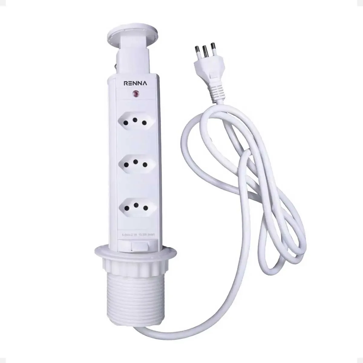 Torre de Tomadas Retrátil Renna Multiplug 3 Entradas Antichoque Mesa Branca