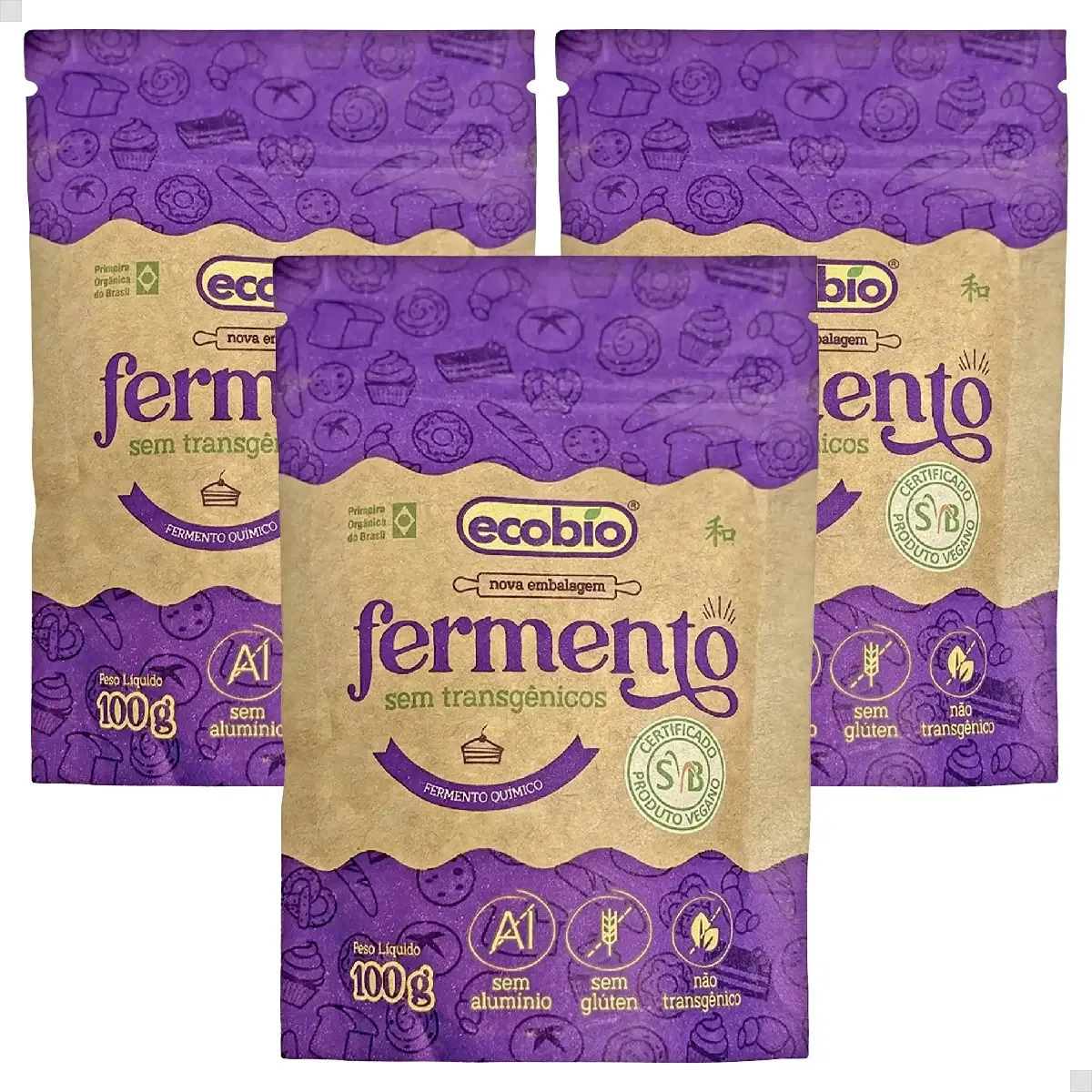 Kit 3 Un Fermento Químico Ecobio Não Transgênico S/ Alumínio