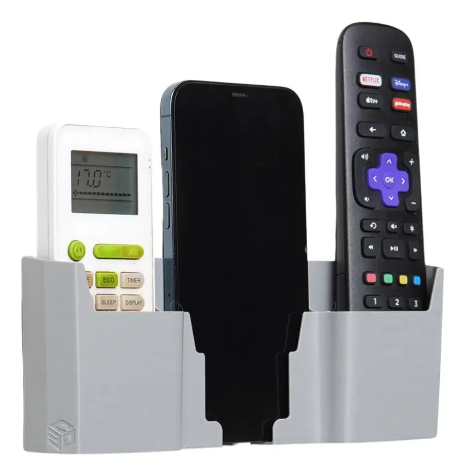 Suporte de Parede para 2 Controles Remoto e Celular C3D, Organizador Inteligente Cinza