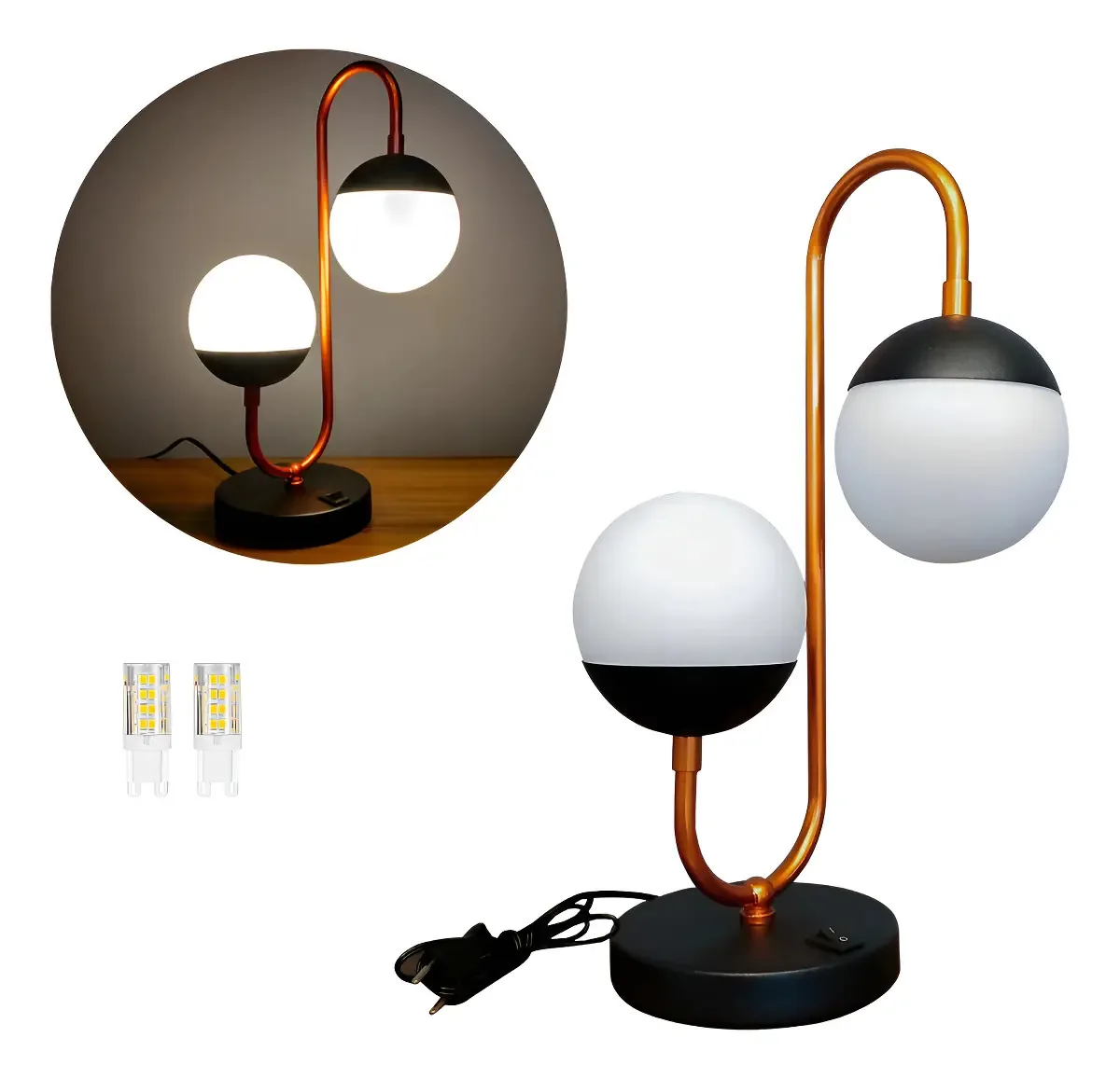 Abajur Jabuticaba de Mesa 2 Globos com Luz Branco Quente e Estrutura Cobre